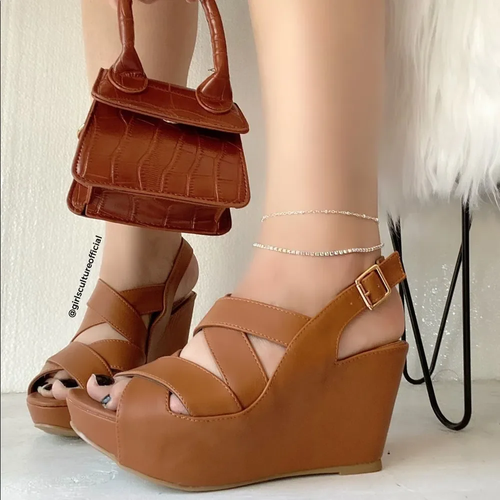 Tan Back Strap Platform Wedges